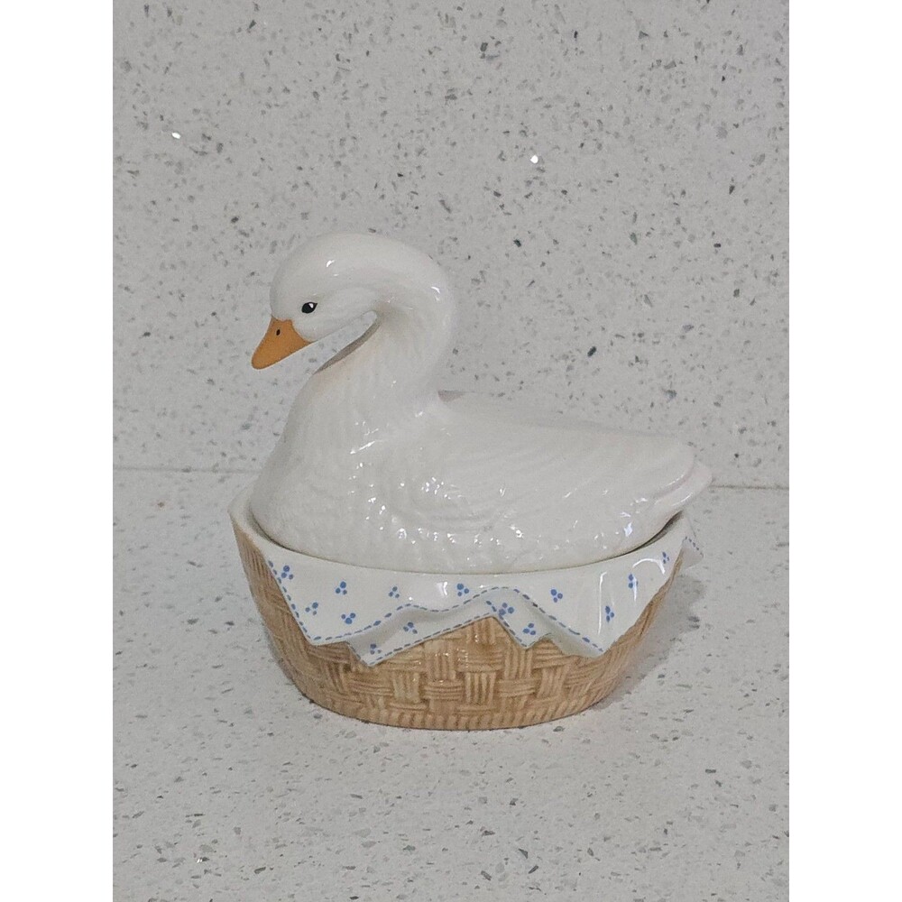 Vintage Swan On Nest Basket Country Goose Ceramic Candy Dish Cottagecore
